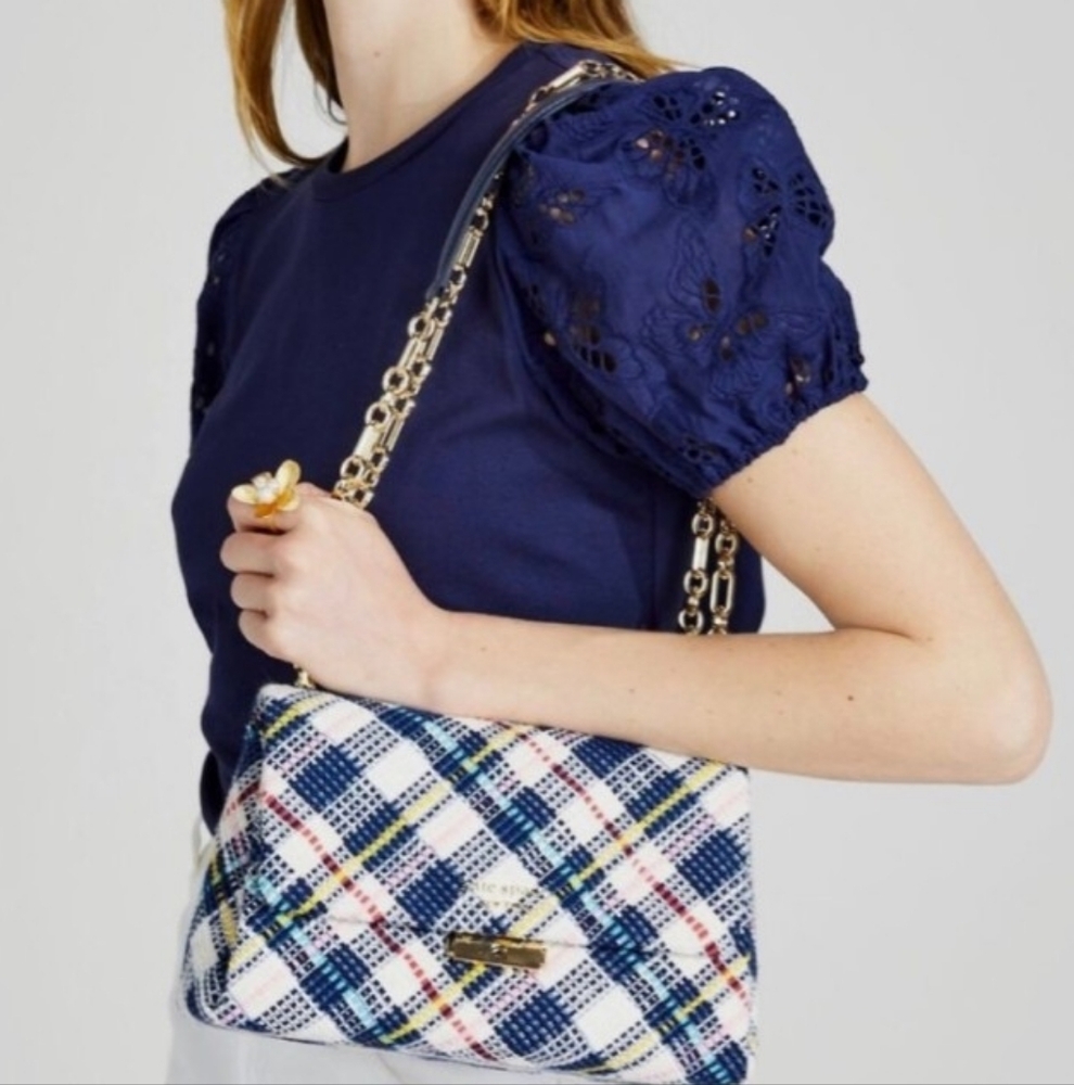 Kate Spade Blue Tweed Carlyle Shoulder Bag Purse $395 Handbag Plaid Gold Chain